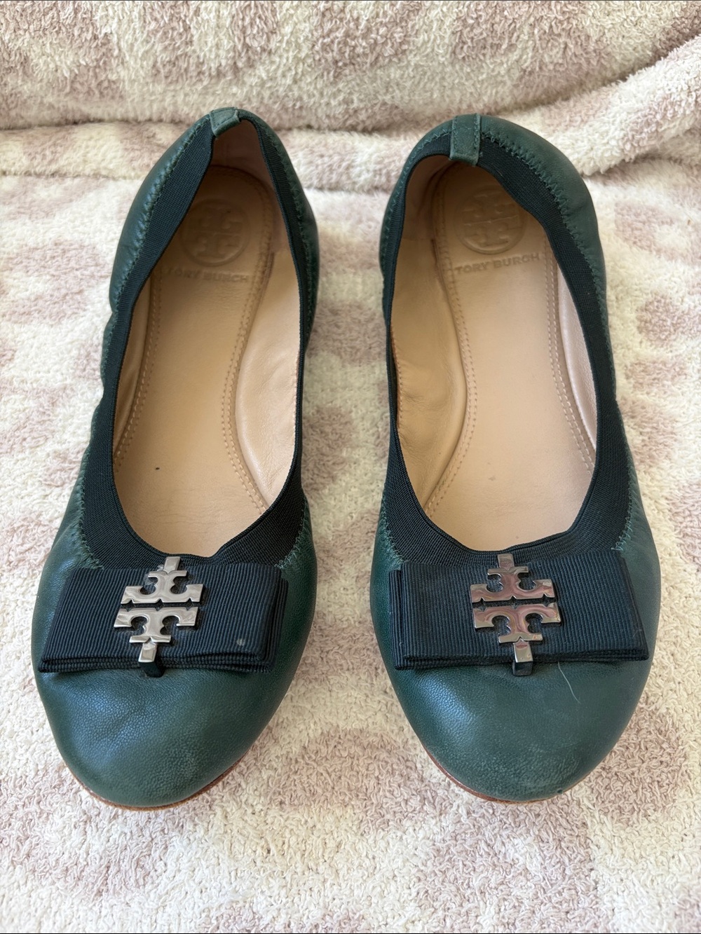 Tory Burch Forest Green Leather Logo Bow Ballet Flats